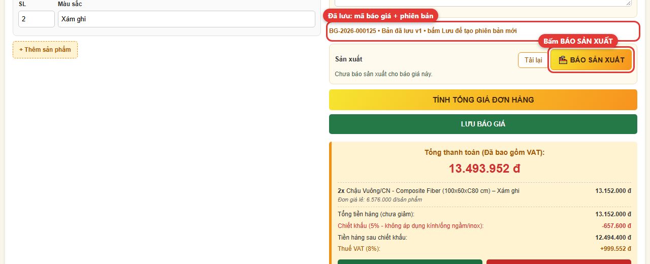 Sau khi lưu báo giá